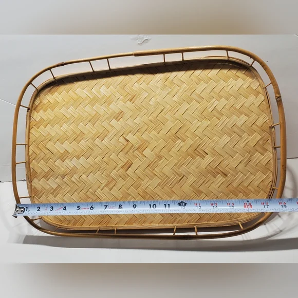 Mid Century 19” Rattan Serving Tray Vintage Barware Decor - Picture 4 of 5